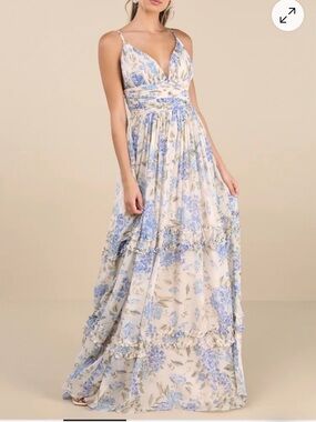 Lulu's Blue and Cream Floral Spaghetti-Strap Maxi Dress
